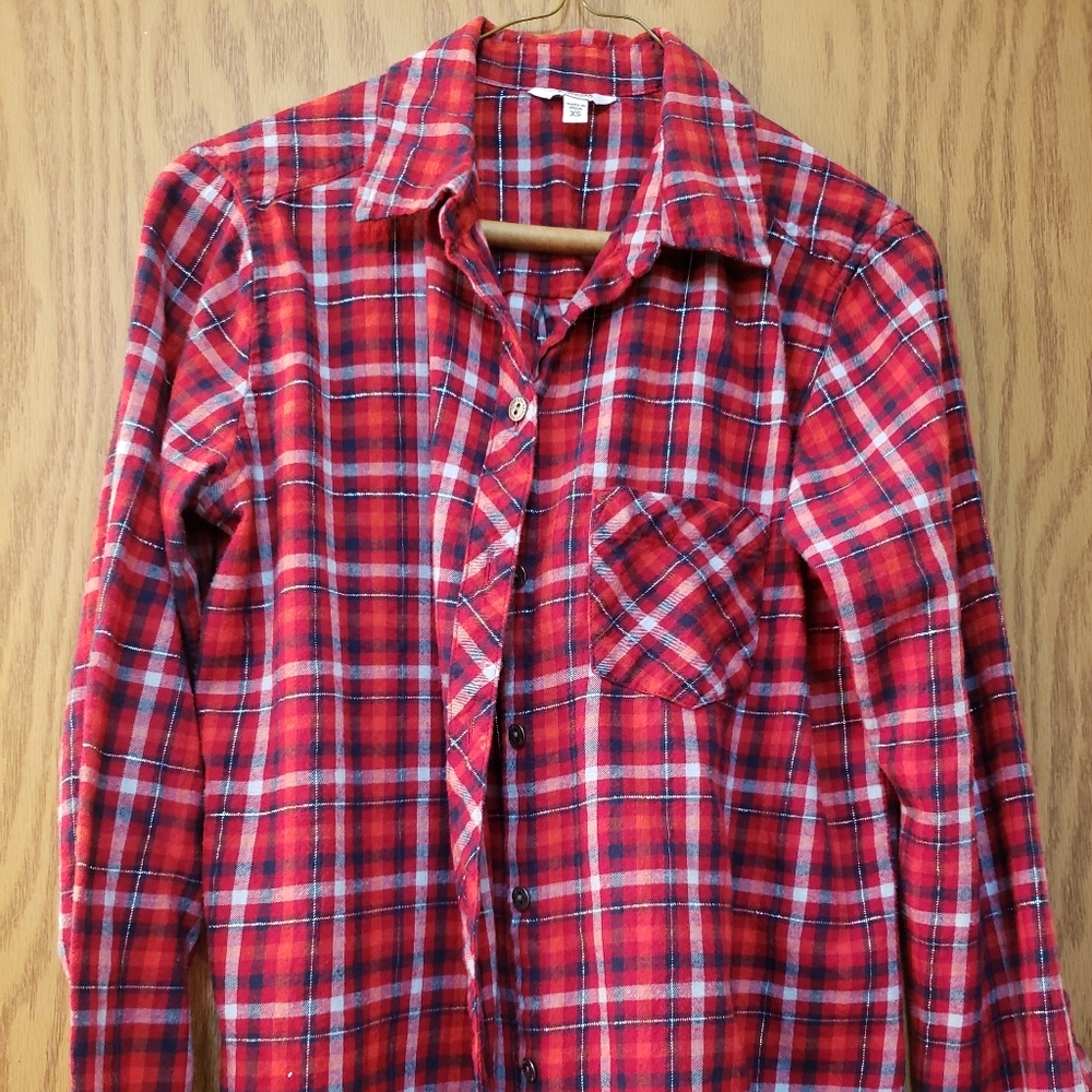 Cute red plaid flannel shirt with silver metallic threads throughout. Like new